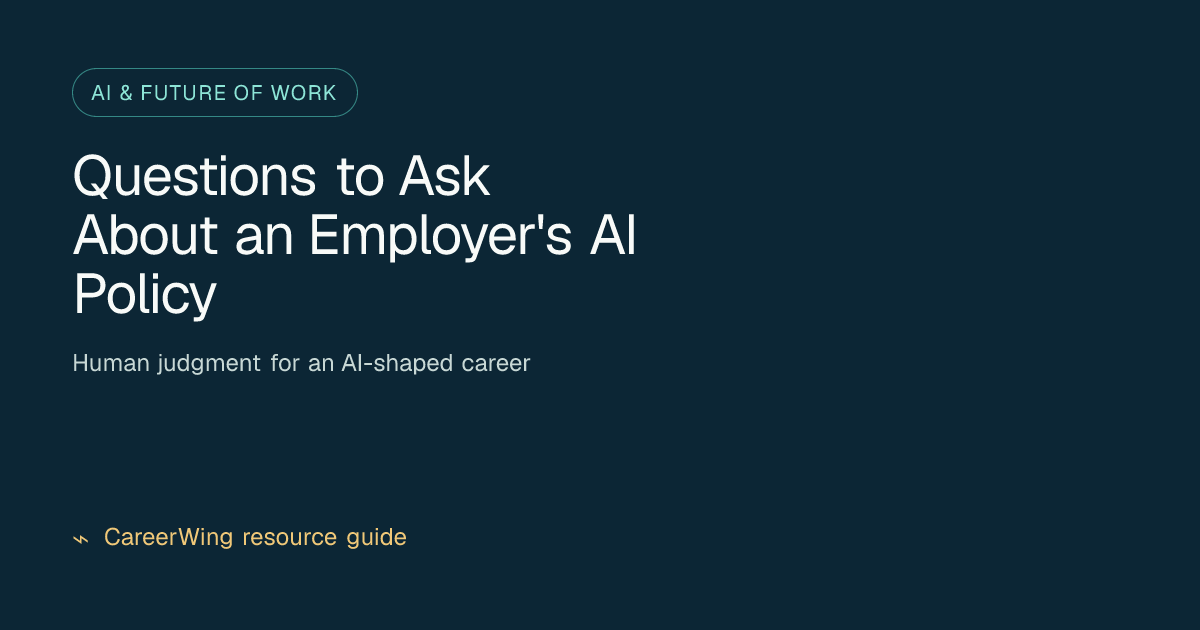 Questions to Ask About an Employer's AI Policy — illustrated ai & future of work guide from CareerWing