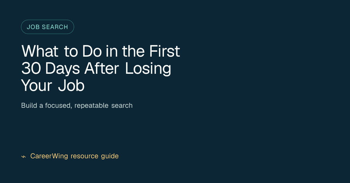 What to Do in the First 30 Days After Losing Your Job — illustrated job search guide from CareerWing