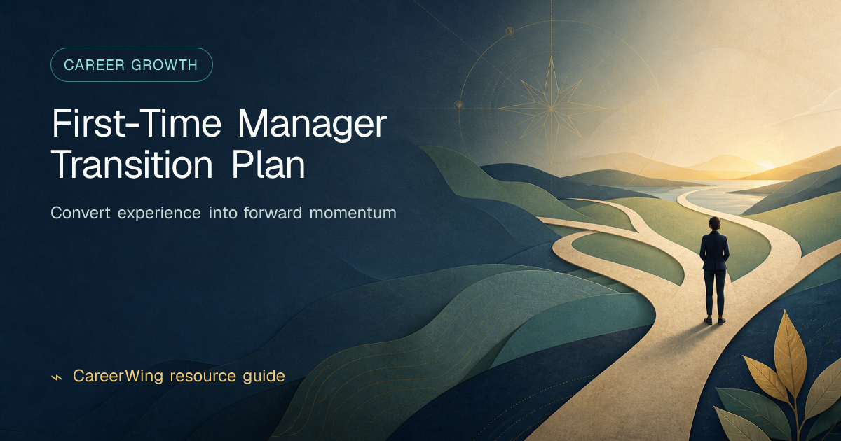 First-Time Manager Transition Plan — illustrated career growth guide from CareerWing