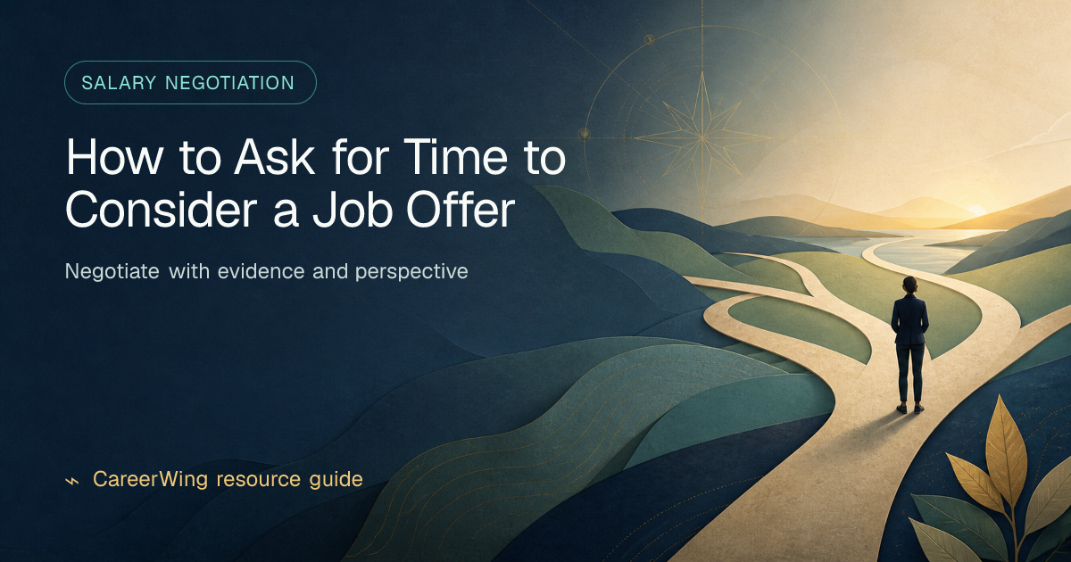 How to Ask for Time to Consider a Job Offer — illustrated salary negotiation guide from CareerWing