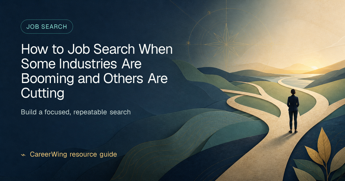 How to Job Search When Some Industries Are Booming and Others Are Cutting — illustrated job search guide from CareerWing