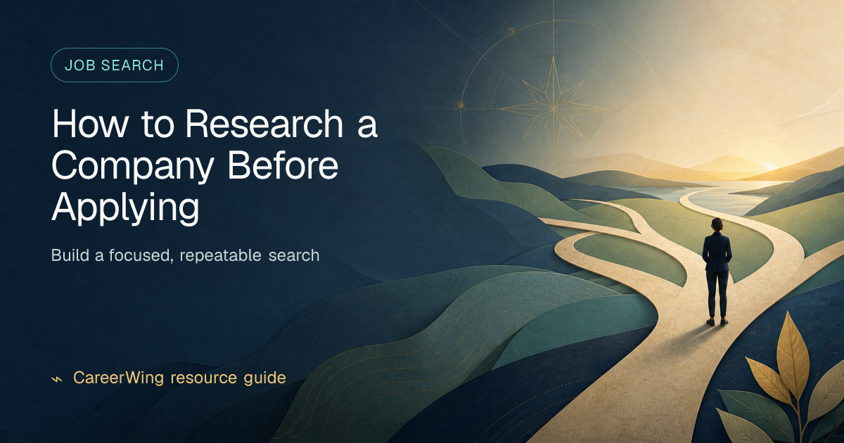 How to Research a Company Before Applying — illustrated job search guide from CareerWing