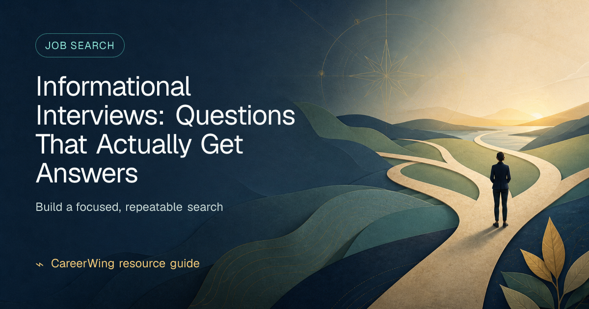 Informational Interviews: Questions That Actually Get Answers — illustrated job search guide from CareerWing