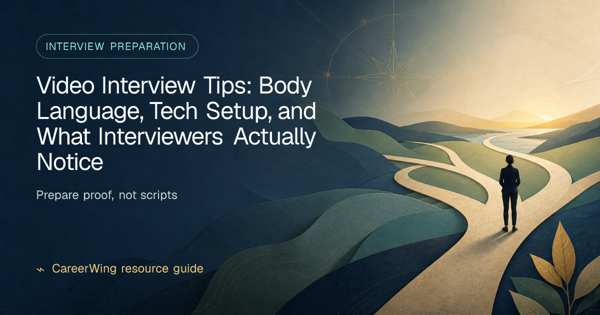 Video Interview Tips: Body Language, Tech Setup, and What Interviewers Actually Notice — illustrated interview preparation guide from CareerWing